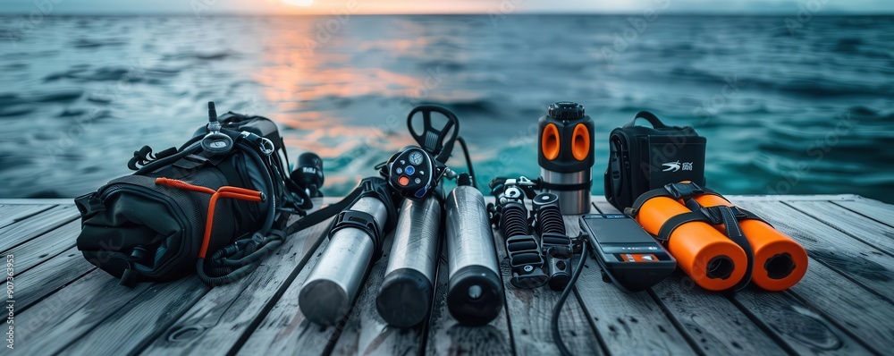 Scuba gear laid out on a boat ready for underwater exploration, Realism, Bright colors, Photography Scuba gear laid out on a boat ready for underwater exploration, Realism, Bright colors, Photography