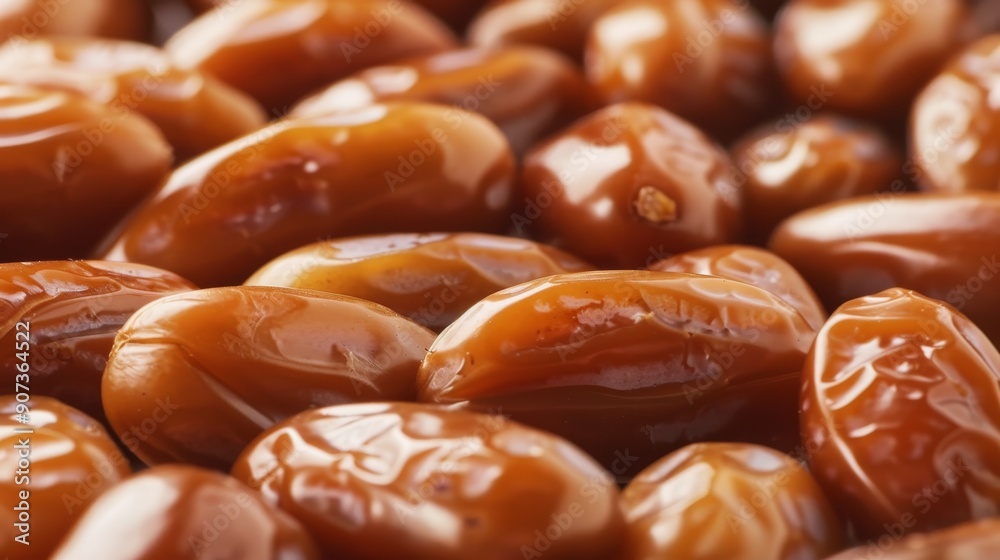 Close-up of a pile of glossy dates with varying shades of brown, highlighted with natural sunlight, showcasing their smooth and wrinkled surfaces Close-up of a pile of glossy dates with varying shades of brown, highlighted with natural sunlight, showcasing their smooth and wrinkled surfaces