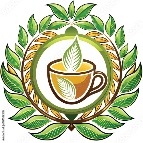 Teacup with Green Leaves in a Circular Frame