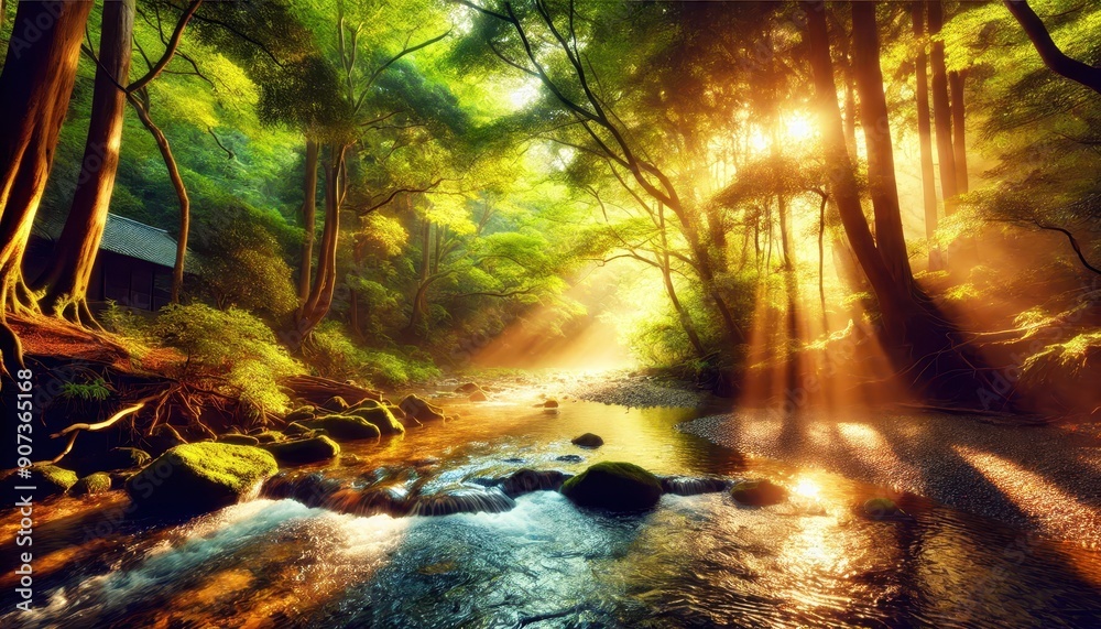 Naklejka premium Sunlight Streaming Through Trees Onto a Tranquil Forest Stream