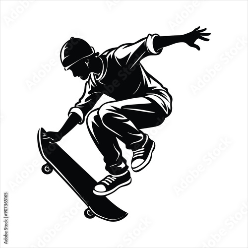 skateboarder performing a trick mid air black vector