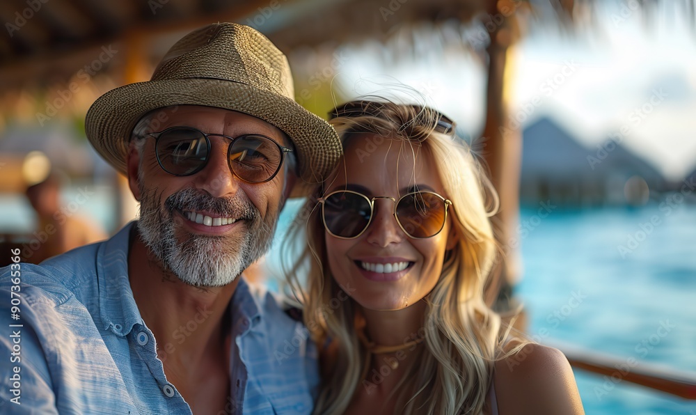 A happy mature couple enjoys their time at a beach resort in the Maldives.