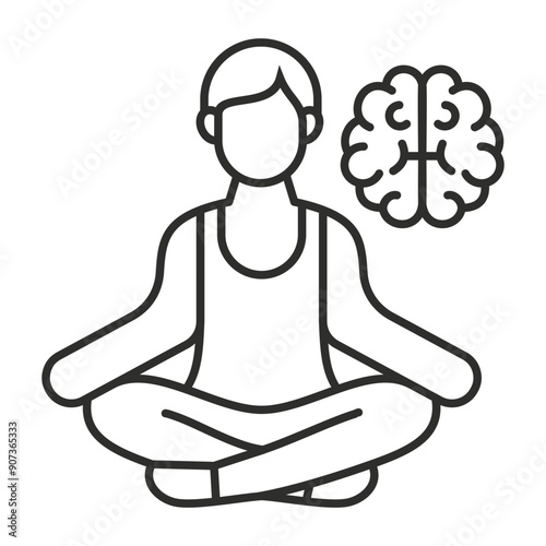 Meditation pose with brain drawings icon, relaxation symbols and mental well being outline icon, editable vector illustration and transparent graphic element. Isolated on white background
