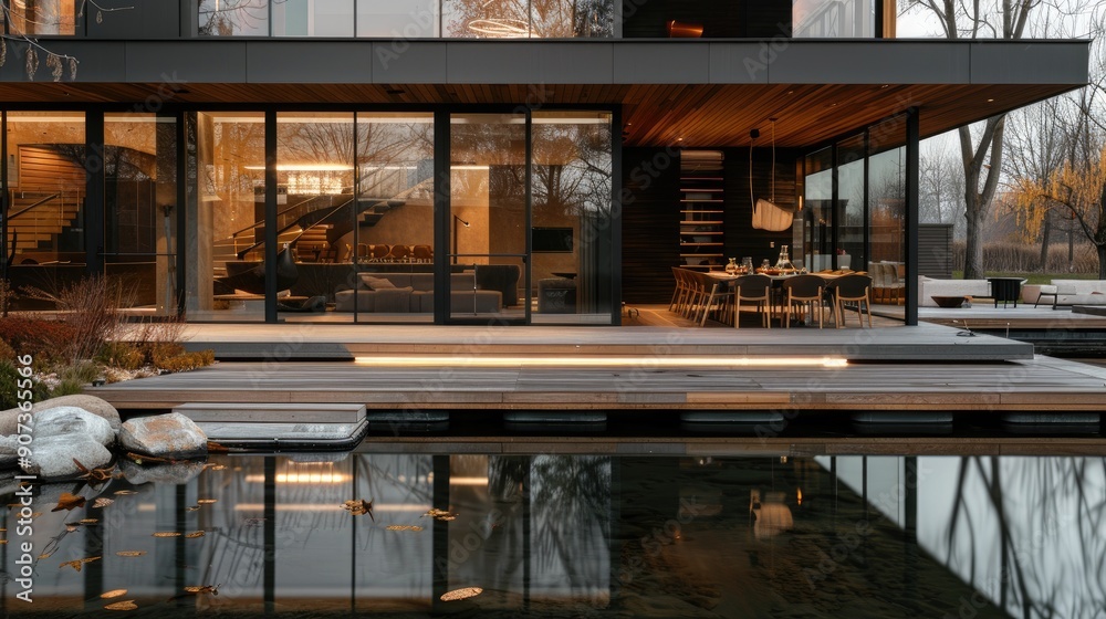 A modern lakeside home with a sleek wooden dock, large windows reflecting the water, and an outdoor dining area. A modern lakeside home with a sleek wooden dock, large windows reflecting the water, and an outdoor dining area.