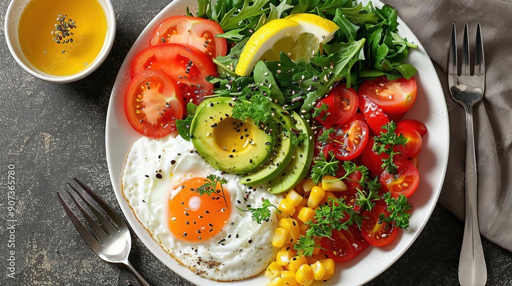 Healthy Breakfast Bowl with Fried Egg, Avocado, Tomatoes, Corn, and Greens - Food Photography