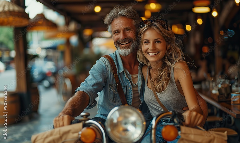 A happy mature couple rides a bike together along a countryside road, enjoying their time outdoors. A happy mature couple rides a bike together along a countryside road, enjoying their time outdoors.