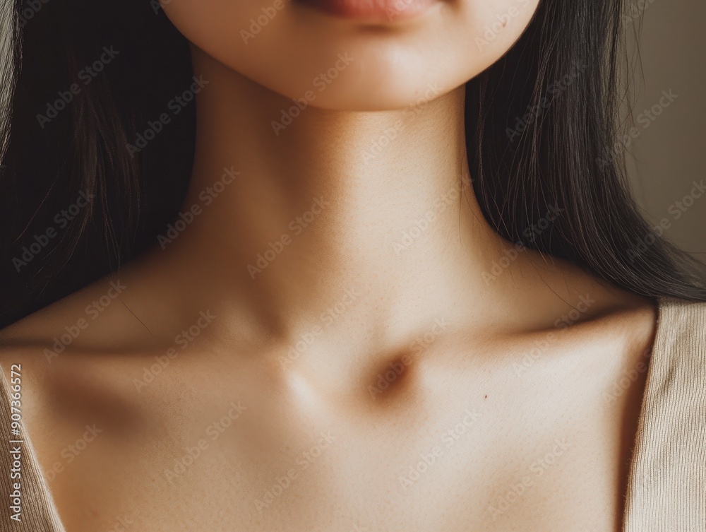 Close-up image of a woman's neck and collarbone with dark hair, wearing a beige top, highlighting smooth skin and simplicity indoors.
Close-up image of a woman's neck and collarbone with dark hair, wearing a beige top, highlighting smooth skin and simplicity indoors.