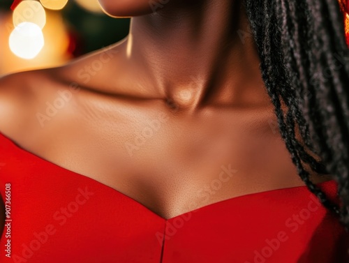 Close-up shot of a woman's neck and collarbone with braided hair, wearing a red dress, highlighted by city lights at night.
