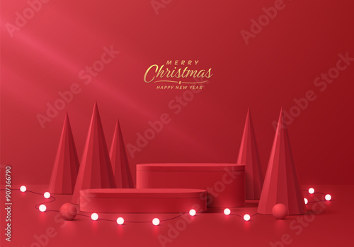 Realistic red 3D round podium christmas background with neon ball and christmas tree wall scene. Minimal mockup abstract product display presentation, Stage showcase. Platforms vector geometric design