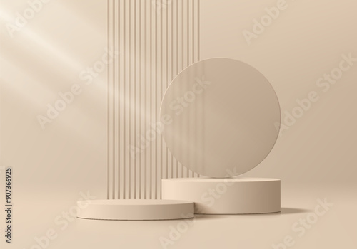 Realistic 3D beige cylindrical podium background with round glass, Vertical stripes scene. Minimalist mockup pedestal, Abstract product display presentation, Stage showcase. Platforms vector design.