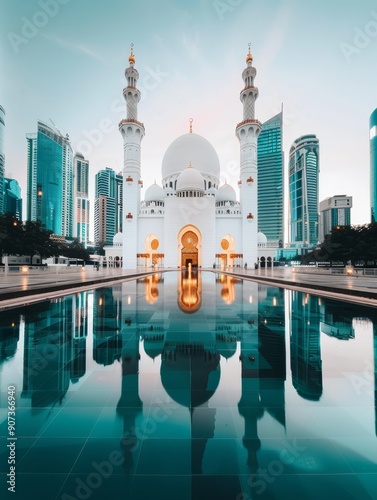 A vibrant cityscape featuring a beautifully detailed mosque glowing under neon lights, surrounded by modern buildings with colorful reflections photo