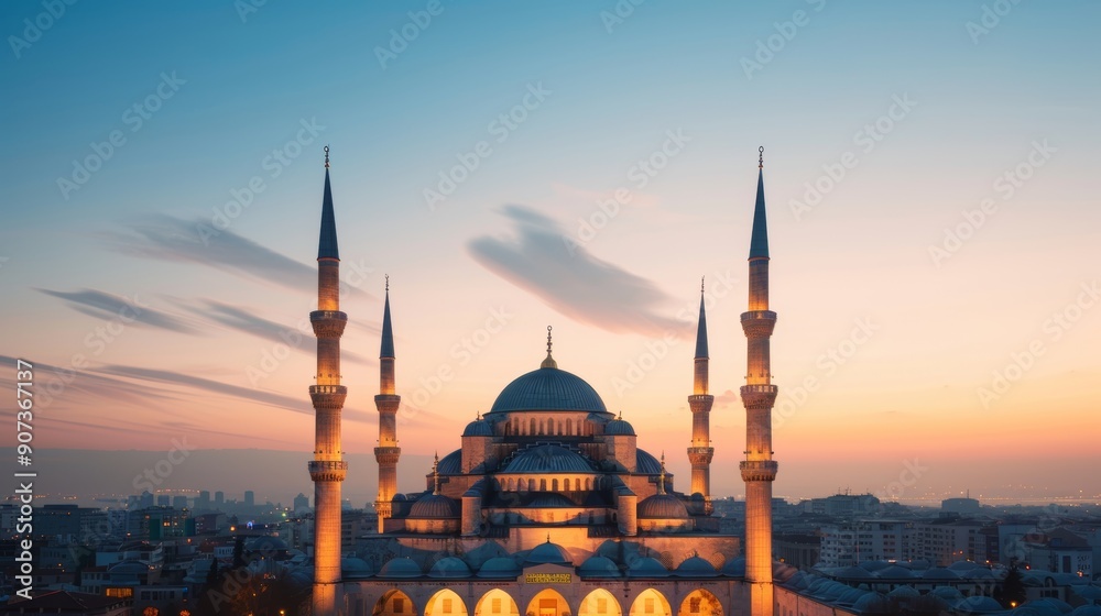 Obraz premium Futuristic neon city street converging on a majestic ancient mosque with intricate details, merging old-world charm with modern vibrance, twilight