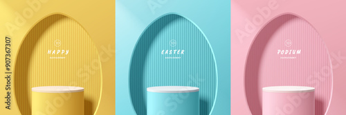 Set of yellow, blue, pink 3D cylindrical podium background in oval window. Happy easter day. Minimalist mockup pedestal, Abstract product display presentation, Stage showcase. Vector platforms design.