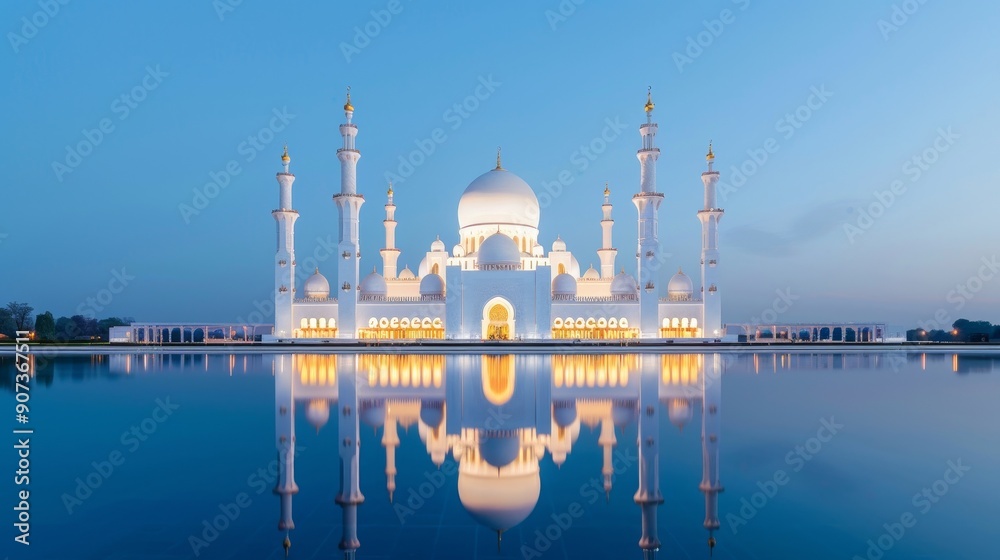 Obraz premium Glowing neon lights reflecting in the water, illuminating the intricate and beautiful design of a historic mosque at dusk