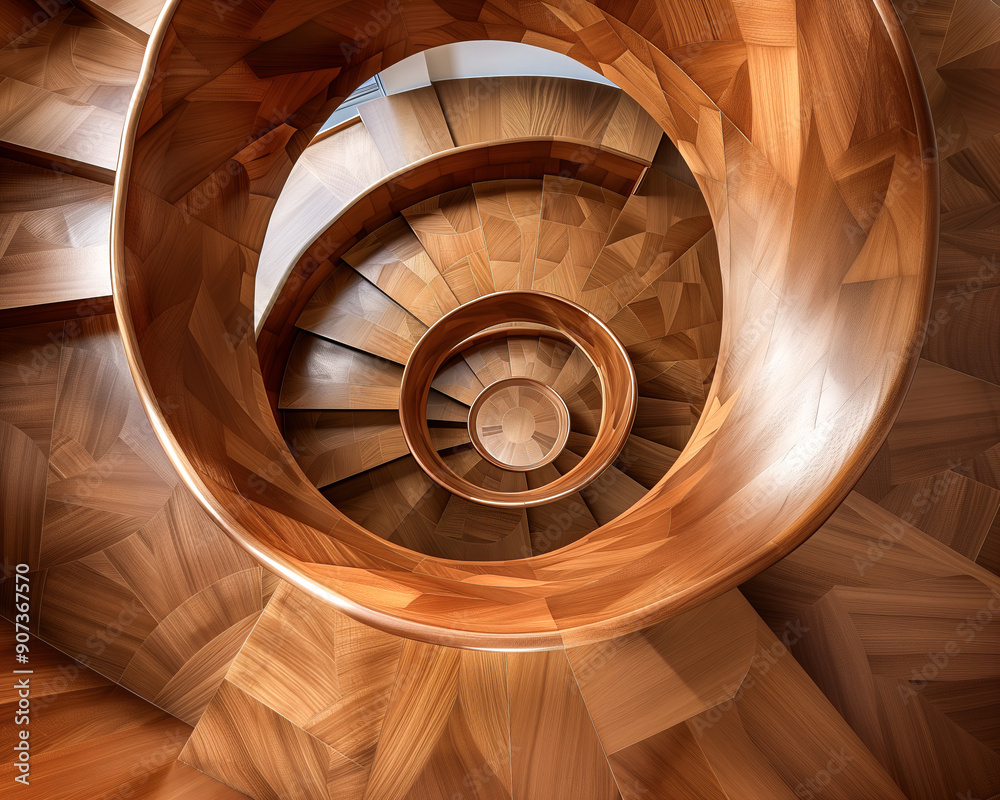 Fototapeta premium Custom spiral wooden staircase, rich beech wood, luxury, modern interior
