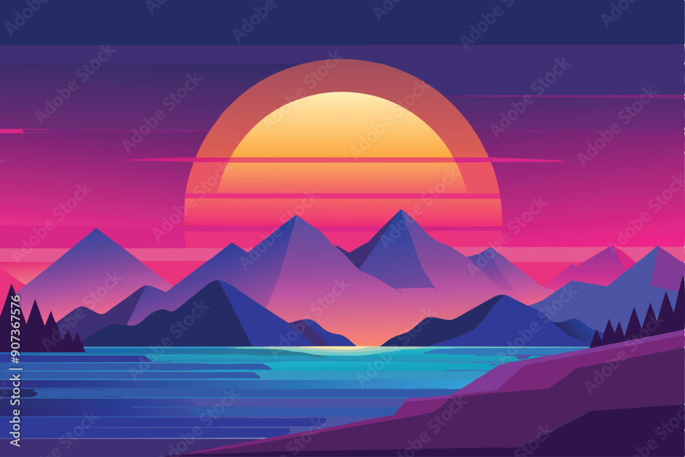 Fototapeta premium Sunset Over Mountains and a Still Lake