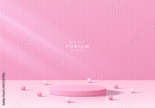 3D pink cylindrical podium pedestal background with vertical pattern wall scene. Valentine minimal mockup or abstract product display presentation, Stage showcase. Platforms vector geometric design.