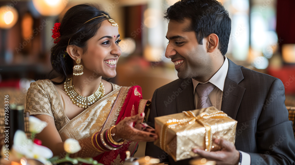 Indian couple exchanging gifts on their wedding anniversary, smiling and celebrating Indian couple exchanging gifts on their wedding anniversary, smiling and celebrating