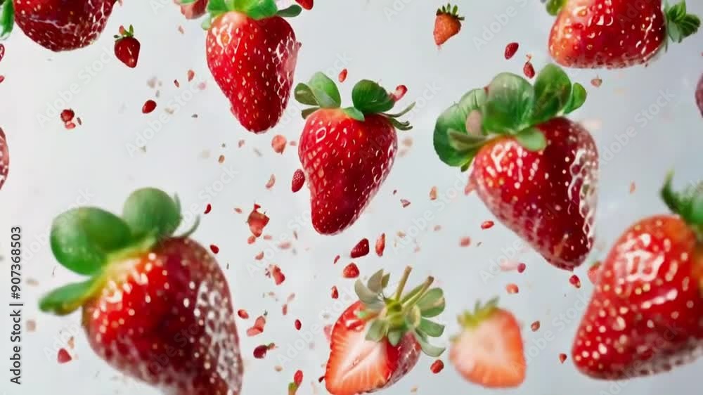 slow motion of strawberries falling on white background