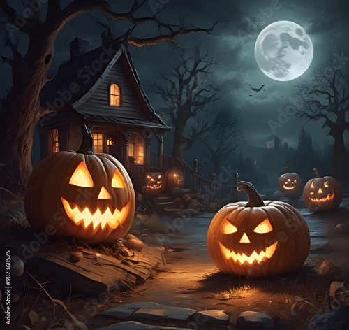 Eerie Halloween night scene featuring glowing carved pumpkins with sinister faces in the darkness.