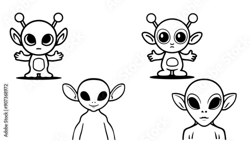 Cartoon characters are aliens with kind eyes and big ears. Vector contour set of silhouettes for children's coloring about UFOs photo