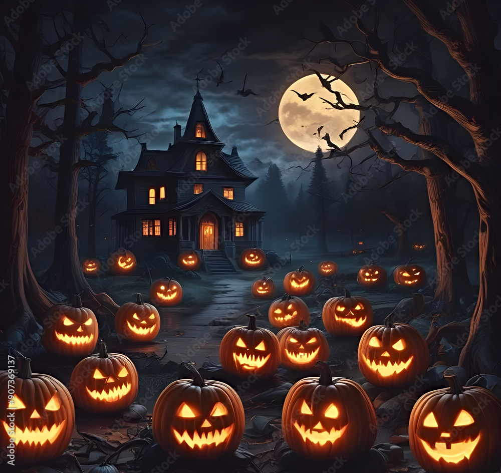 Fototapeta premium Eerie Halloween night scene featuring glowing carved pumpkins with sinister faces in the darkness.