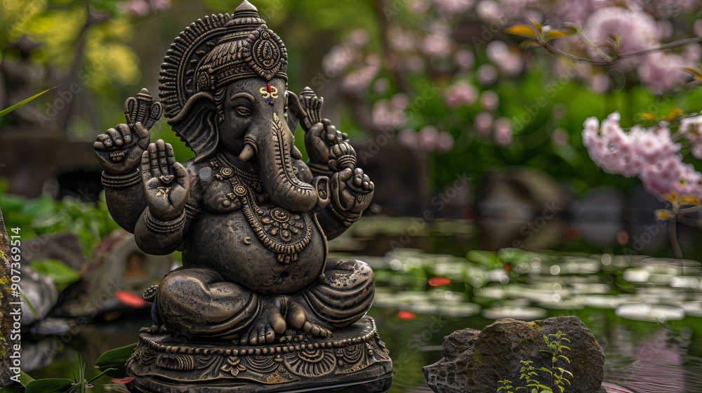 Tranquil Garden with Ganesha Statue, Koi Pond, and Lily Pads Tranquil Garden with Ganesha Statue, Koi Pond, and Lily Pads