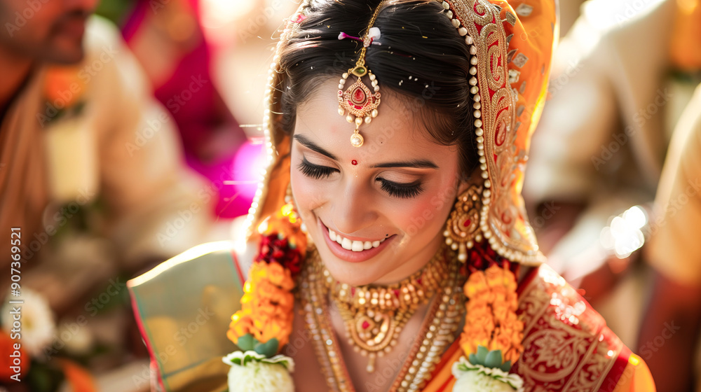 Indian woman in a beautiful saree, attending a traditional wedding ceremony, elegant and joyful Indian woman in a beautiful saree, attending a traditional wedding ceremony, elegant and joyful