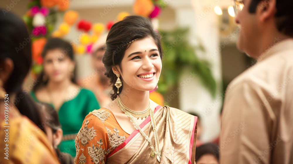Indian woman in a beautiful saree, attending a family gathering, elegantly interacting with relatives Indian woman in a beautiful saree, attending a family gathering, elegantly interacting with relatives