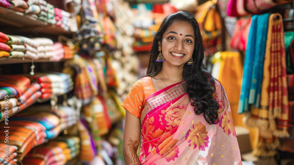 Indian woman in a beautiful saree, shopping in a traditional market Indian woman in a beautiful saree, shopping in a traditional market