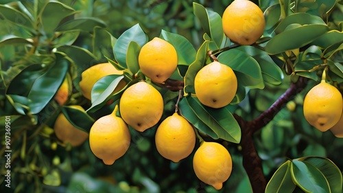 A vibrant lemon tree, bursting with juicy yellow fruits, set against a backdrop of lush green foliage.