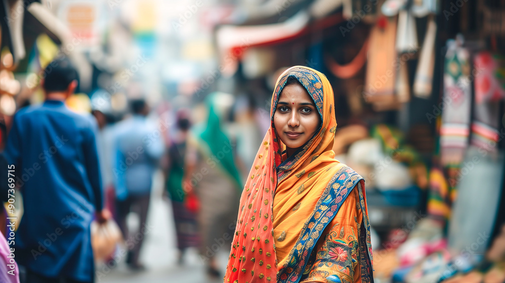 Fototapeta premium Indian woman in a colorful dupatta, walking through a bustling street market, exploring and shoppin