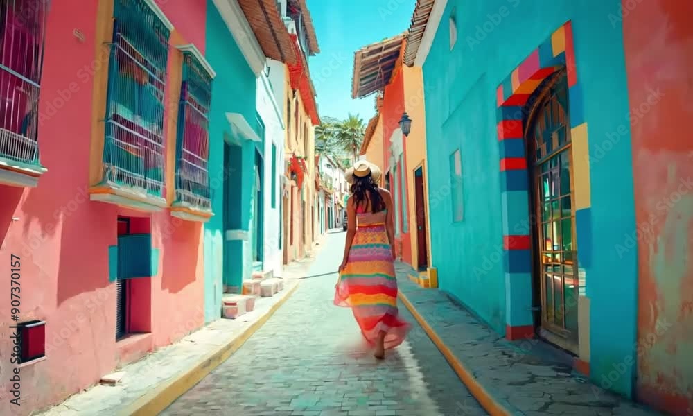Woman walking down a vibrant, colorful street lined with pastel buildings. She is wearing a flowing dress and a hat, creating a lively and cheerful atmosphere in a tropical setting
