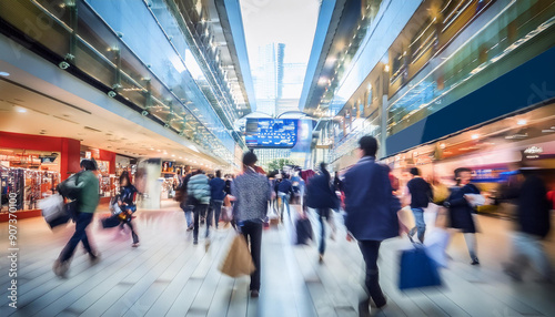 ショッピングモールの中で多くの人々が歩いている様子を描いています。天井の高い空間に明るい照明が施され、両側には多くの店舗が並んでいます。人々は買い物袋を手にしており、活気ある都市のライフスタイルを感じさせます。generative AI
