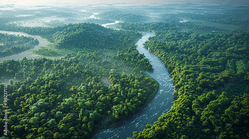 Stunning Aerial View of Lush Green Forests and Meandering River at Dawn. Generative AI