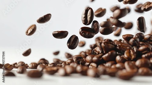 slow motion of falling coffee beans on white background