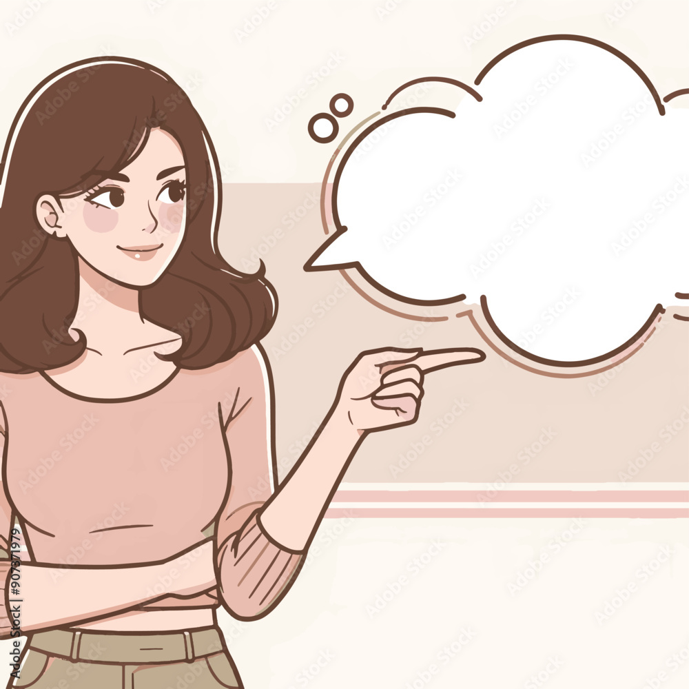 Young woman pointing empty space pose line hand drawn sketch vector flat design cartoon illustration