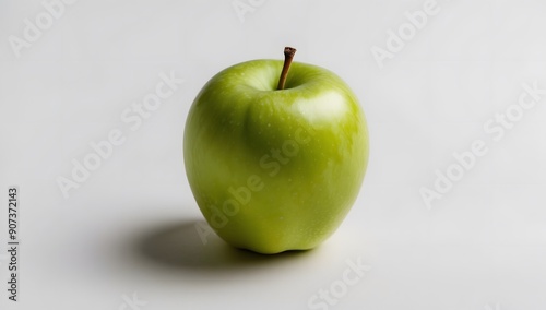 A single green apple with a leaf on a white background, the apple is smooth and shiny, and the leaf is green and vibrant