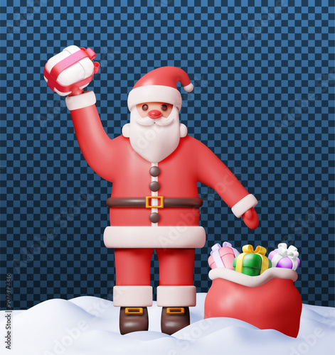 3D santa claus character with gift bag in snow. Render standing christmas santa. Happy new year decoration. Merry christmas holiday. New year and xmas celebration. Realistic vector illustration