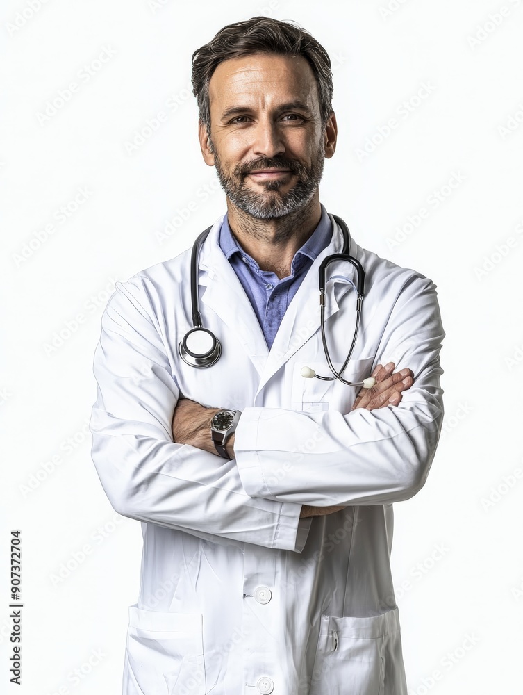 happy male doctor with crossed arms isolated on white background happy male doctor with crossed arms isolated on white background