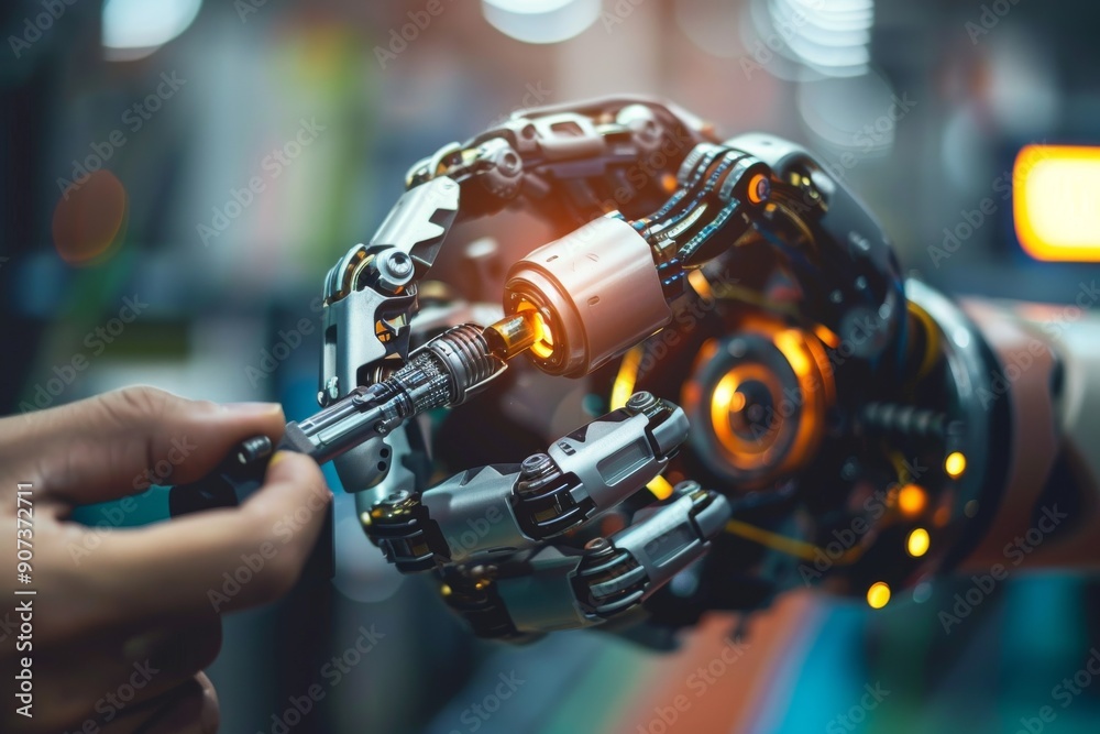 A human repairing a robot, Female worker constructing a robot in a manufacturing plant, AI generated A human repairing a robot, Female worker constructing a robot in a manufacturing plant, AI generated