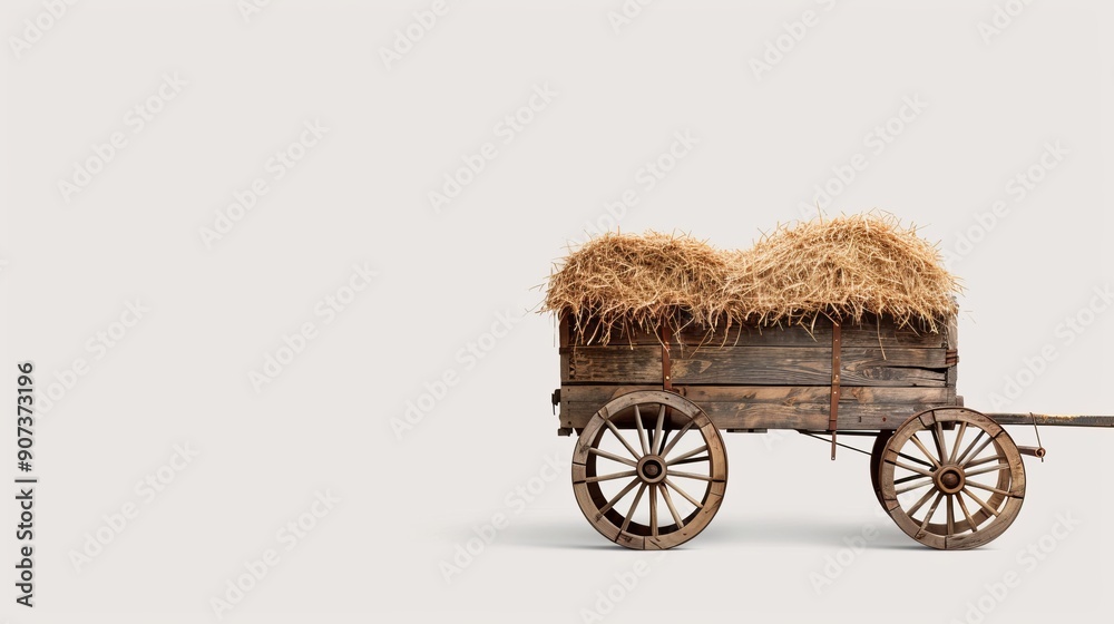 Detailed image of a rustic wooden wagon loaded with hay, isolated against a clean background, providing room for advertising text or branding Detailed image of a rustic wooden wagon loaded with hay, isolated against a clean background, providing room for advertising text or branding