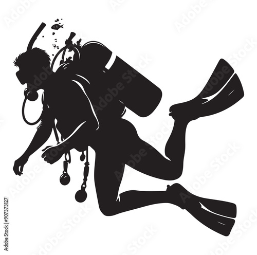 Scuba diving people silhouettes vector illustrations isolated on white background.