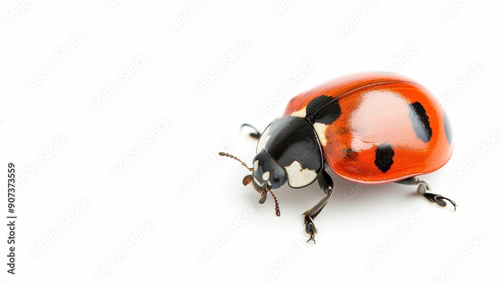 Detailed ladybug with vibrant red shell and black spots, isolated on a white background, perfect for product advertisements with ample copy text space