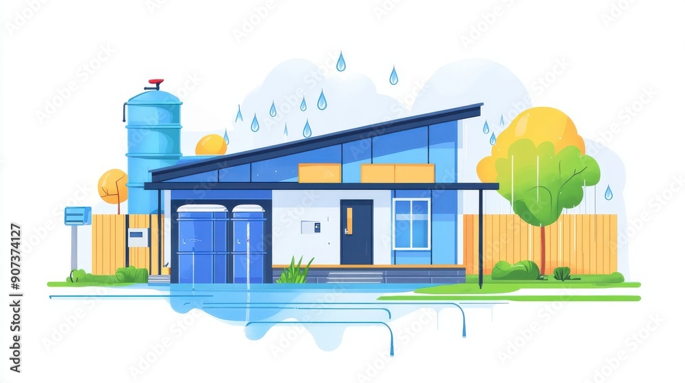 Rainwater harvesting with smart irrigation systems, flat design, side view, smart home theme, cartoon drawing, colored pastel Rainwater harvesting with smart irrigation systems, flat design, side view, smart home theme, cartoon drawing, colored pastel