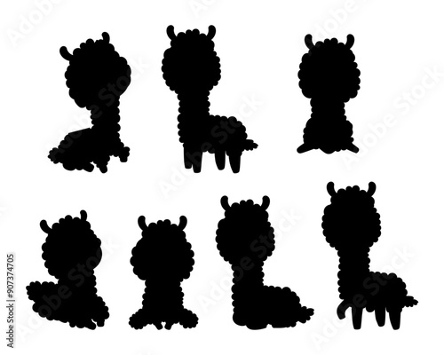 Alpaca animal. Llama. Collection silhouettes. Isolated black drawings. Vector illustration