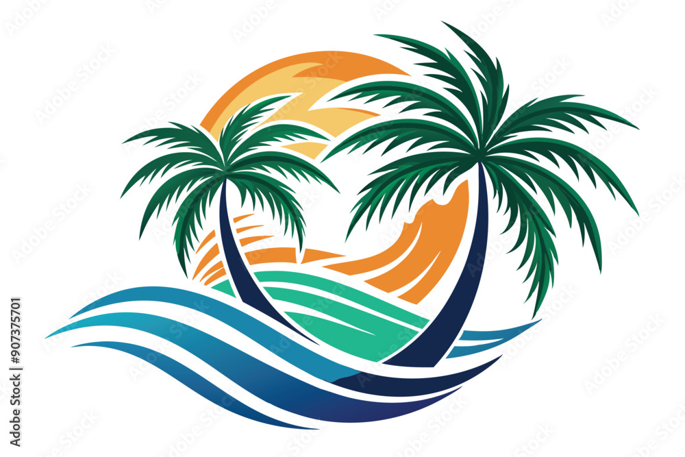 Stylized Palm Trees Under a Setting Sun With Ocean Waves
