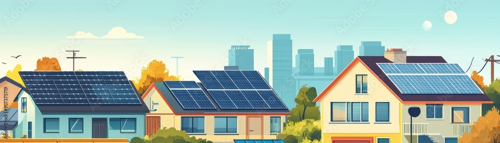 Fototapeta premium Solar energy systems on residential rooftops, flat design, top view, sustainable living theme, cartoon drawing, Complementary Color Scheme