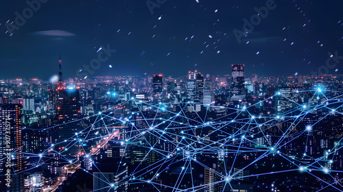 Wallpaper Mural A futuristic cityscape at night with digital network connections overlay, representing advanced technology and interconnected urban infrastructure. Torontodigital.ca