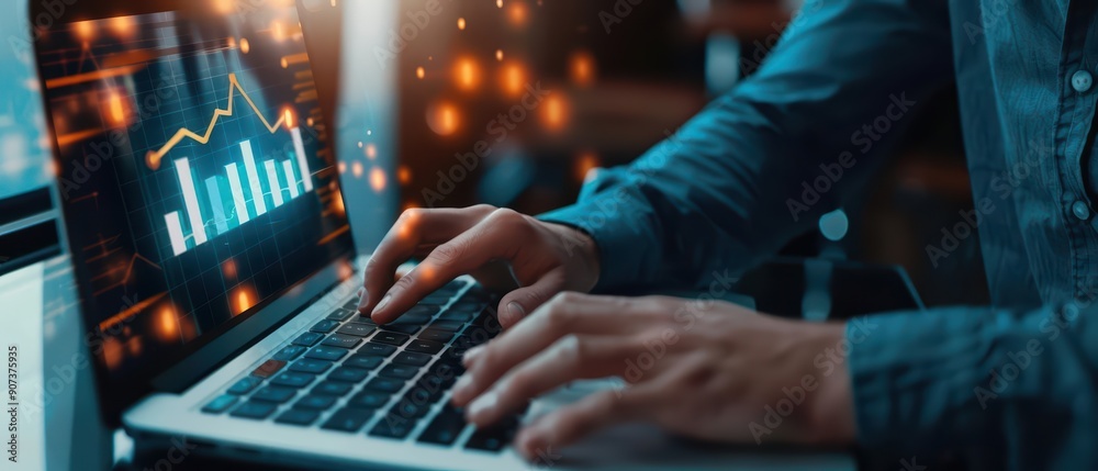 A business hand in a blue shirt typing on a laptop, with a hologram icon of a rising graph popping up A business hand in a blue shirt typing on a laptop, with a hologram icon of a rising graph popping up
